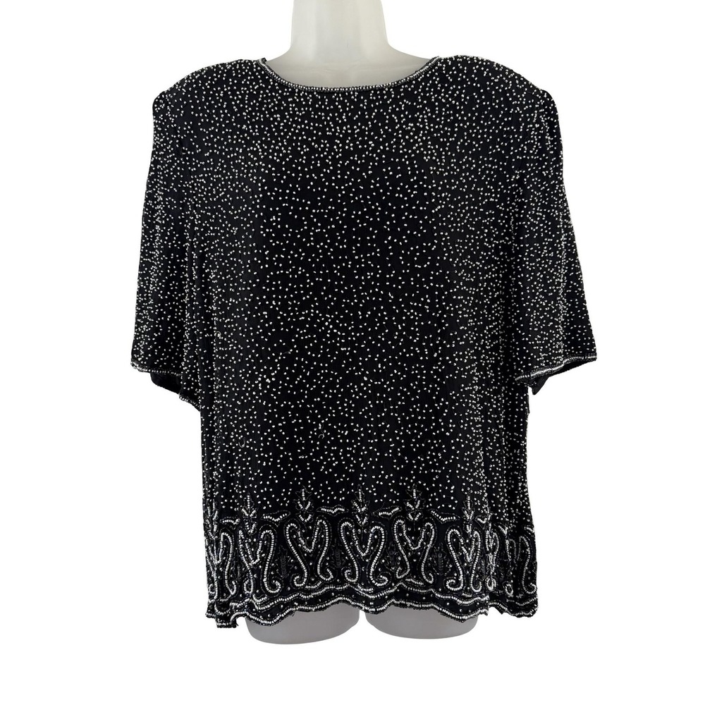 Vintage Lawrence Kazar Blouse Womens 2X Black Beaded Paisley Silk Top Party